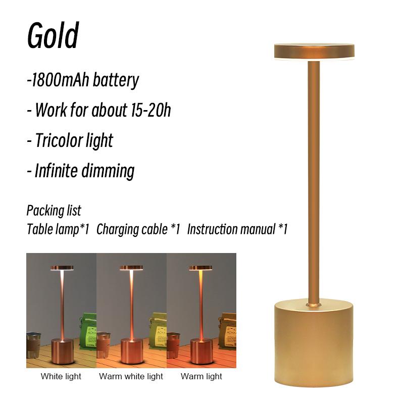 Простая светодиодная перезаряжаемая сенсорная металлическая настольная лампа, три цвета, прикроватная креативная лампа окружающего света, бар, наружное украшение, ночник золотой