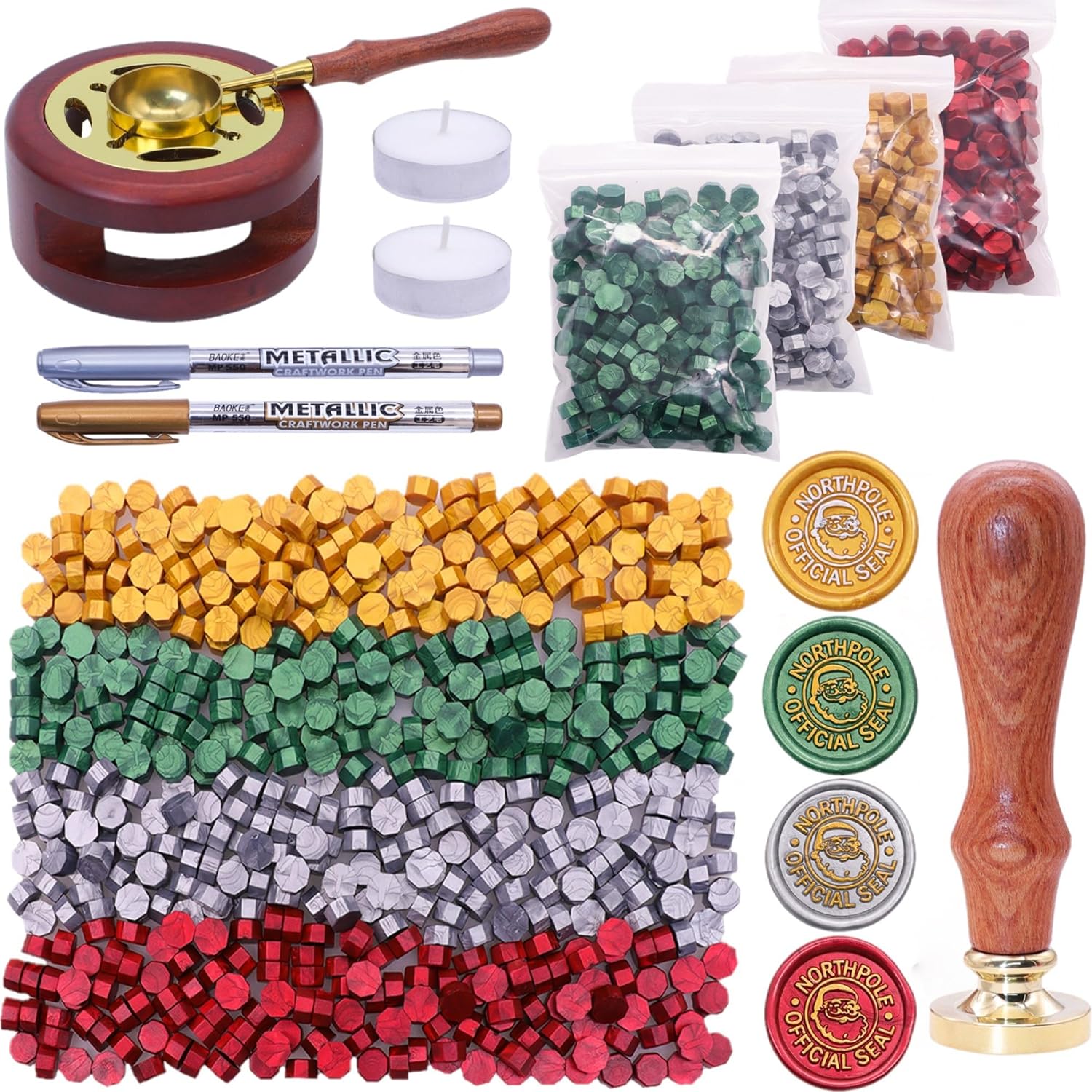 Gold Red Green Silver Sealing Wax Beads Kit - 800pcs Beads, Santa Claus Stamp, Warmer, Spoon, Pens and Tealight Candles
Gold Red Green Silver Sealing Wax Beads Kit - 800pcs Beads, Santa Claus Stamp, Warmer, Spoon, Pens and Tealight Candles