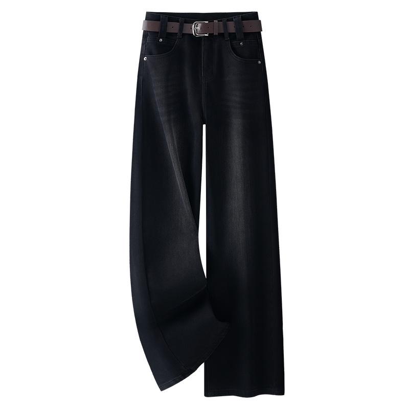 2024 Женские черные джинсы с высокой посадкой и широкими штанинами на флисовой подкладке для осени/зимы - Утягивающие брюки прямого кроя 3XL