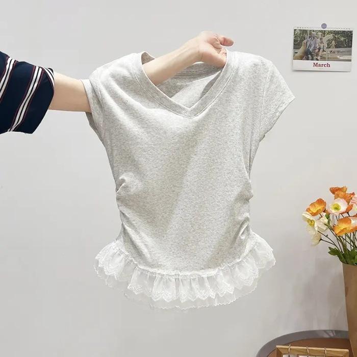 Special Korean pure desire V-neck lace splicing hem pleated waist short-sleeved T-shirt women s fashion top L
Special Korean pure desire V-neck lace splicing hem pleated waist short-sleeved T-shirt women s fashion top L