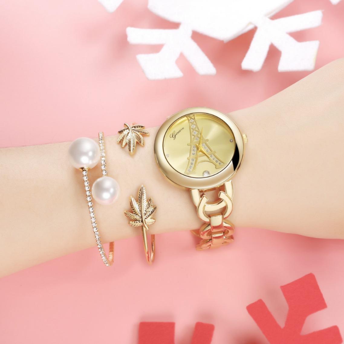 GINAVE Модный набор кварцевых часов 18-каратного настоящего золота с браслетом +Горячий золотистый 
GINAVE Модный набор кварцевых часов 18-каратного настоящего золота с браслетом +Горячий золотистый