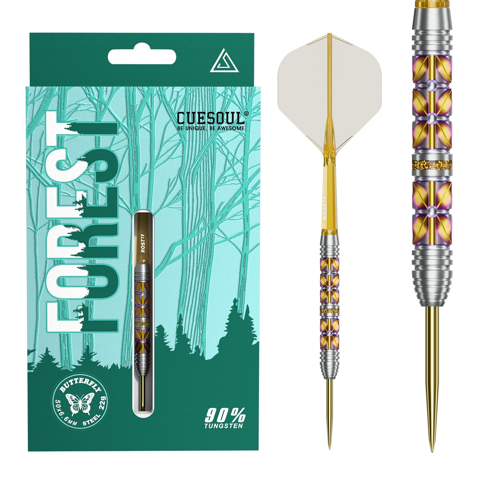 CUESOUL FOREST 22g steel tip darts 90% tungsten CSFS-90Y22KSLD titanium coated with transparent ROST77 integrated flights
CUESOUL FOREST 22g steel tip darts 90% tungsten CSFS-90Y22KSLD titanium coated with transparent ROST77 integrated flights