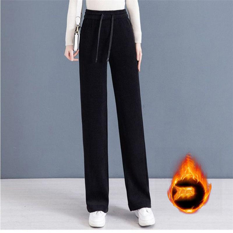 Зимние женские шикарные брюки с высокой талией, женские универсальные однотонные брюки в корейском стиле, женские термоутепленные прямые брюки S чёрный