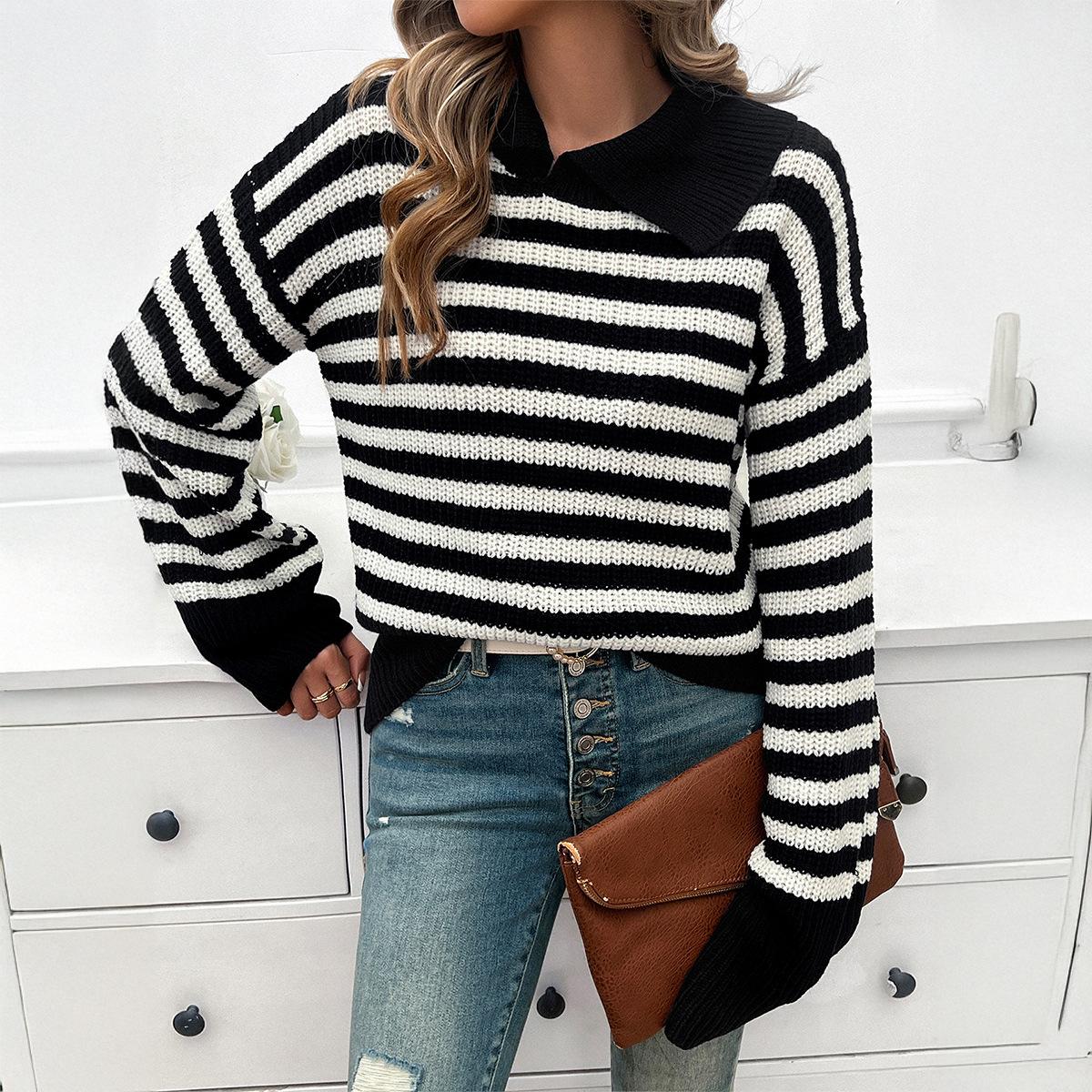Women s Casual Striped Lapel Long Sleeve Sweater S чорний
Women s Casual Striped Lapel Long Sleeve Sweater S чорний