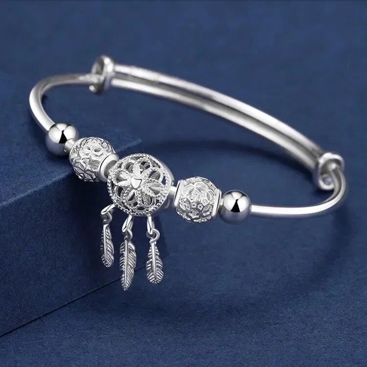 925 Sterling Silver Bangle Woman Dreamcatcher Tassel Feather Round Bead Adjustable Charm Bracelet for Women Wedding Jewelry
925 Sterling Silver Bangle Woman Dreamcatcher Tassel Feather Round Bead Adjustable Charm Bracelet for Women Wedding Jewelry