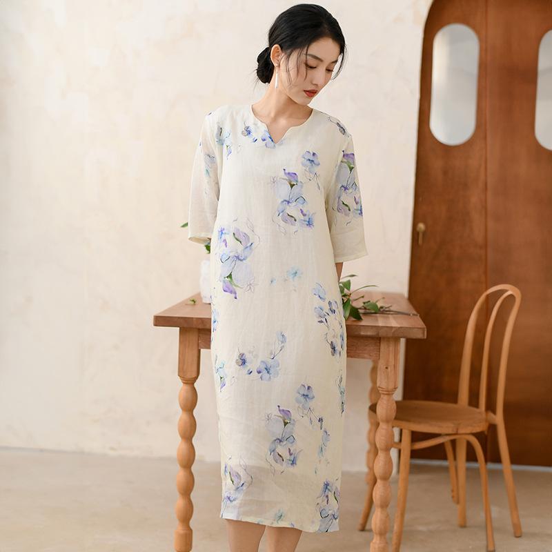 Johnature женские винтажные платья с v-образным вырезом и цветочным принтом, летнее платье трапециевидной формы в китайском стиле M фиолетовый