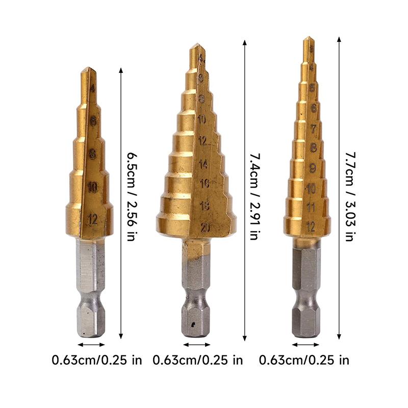 Hexagonal Handle Titanium Coated Step Drill Bits High-speed Steel Step Core Drilling Tools for Metal Wood Plastic Hole Cutters 1 Set золотий
Hexagonal Handle Titanium Coated Step Drill Bits High-speed Steel Step Core Drilling Tools for Metal Wood Plastic Hole Cutters 1 Set золотий