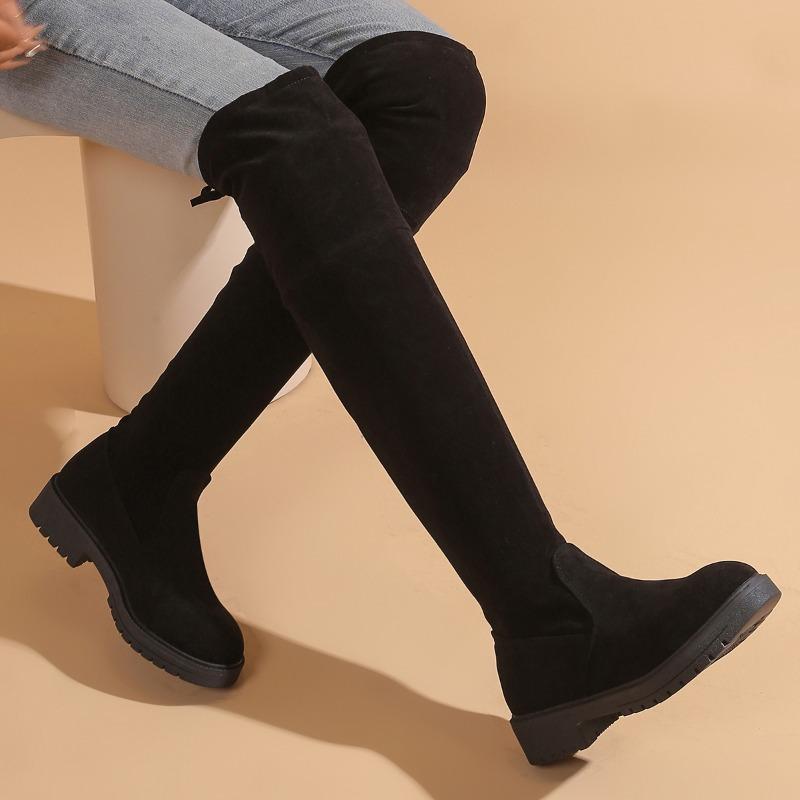 2024 Новые женские сапоги Зимние сапоги до колена Комфортные шнуровка Массивный средний каблук Обувь Модные теплые сапоги с круглым носком 43 чёрный