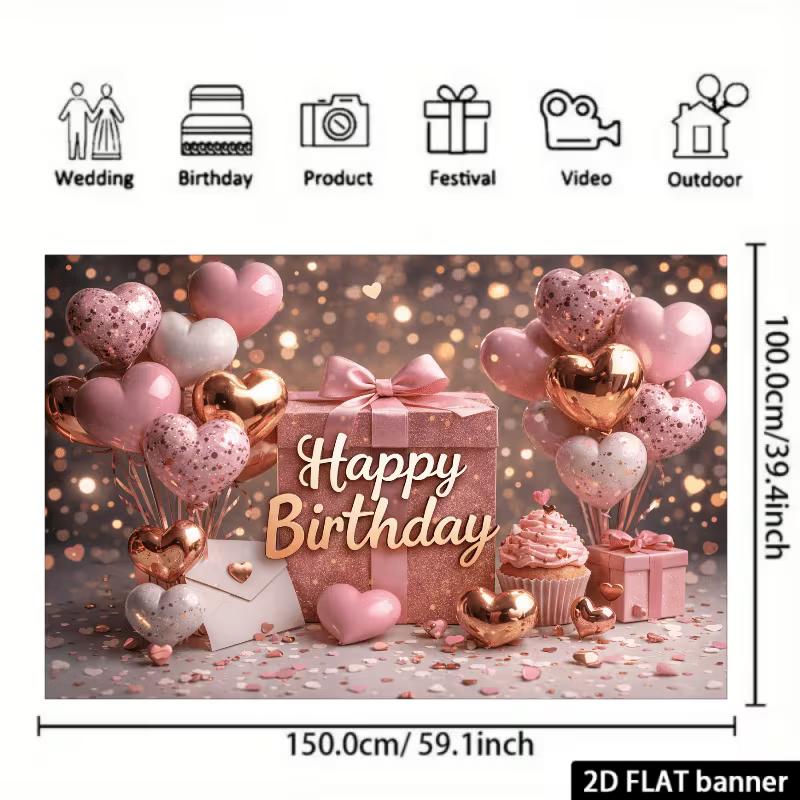 2D Rose Gold Heart Happy Birthday Backdrop Banner with Cupcake & Envelope Design 47.2x31.5inch/120*80cm
2D Rose Gold Heart Happy Birthday Backdrop Banner with Cupcake & Envelope Design 47.2x31.5inch/120*80cm
