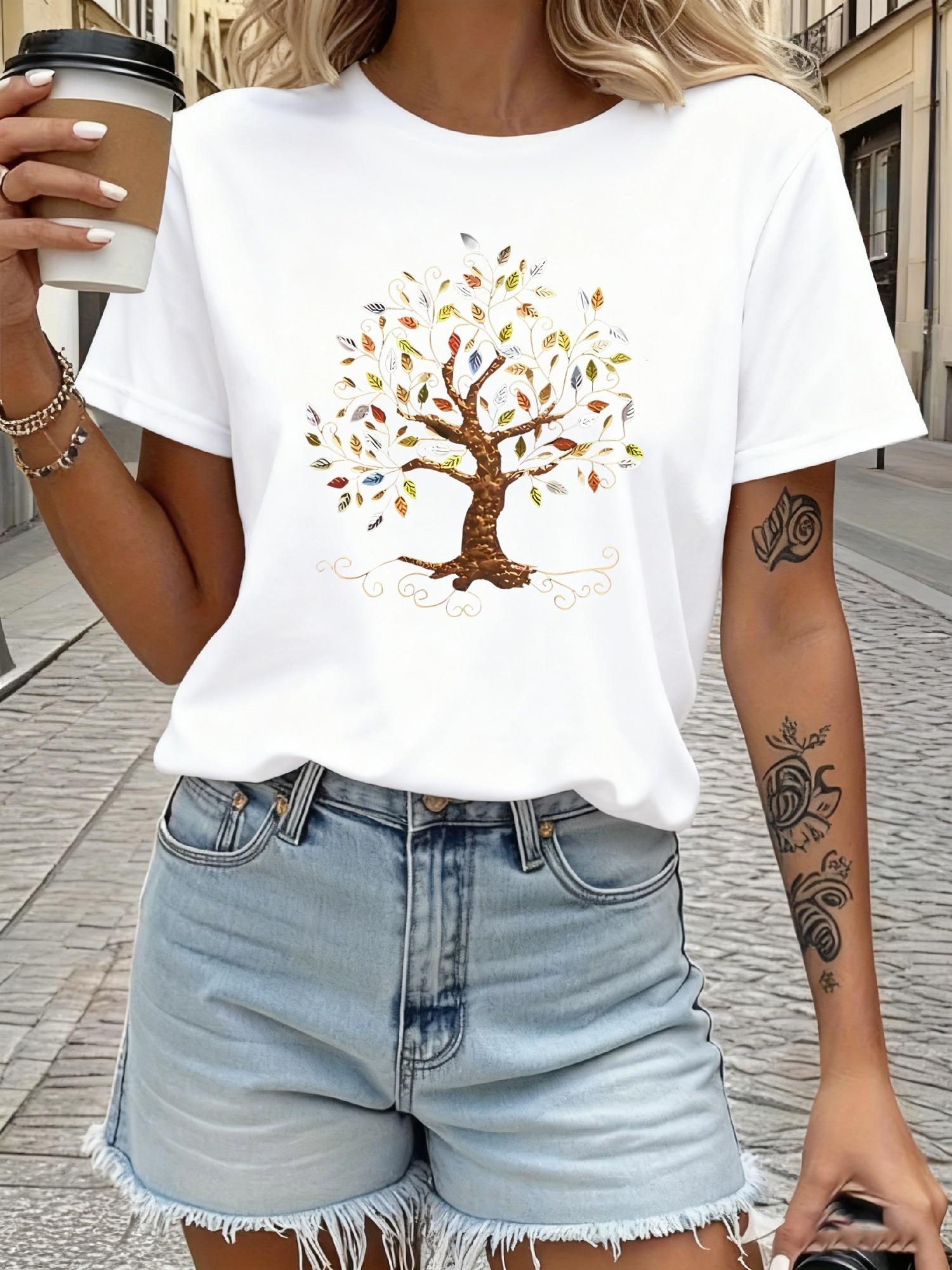 Fashionable Ladys Sports Shortsleeved Tshirt Golden Treeshaped Print with Colorful Leaves Scattered Throughout Presenting S
Fashionable Ladys Sports Shortsleeved Tshirt Golden Treeshaped Print with Colorful Leaves Scattered Throughout Presenting S