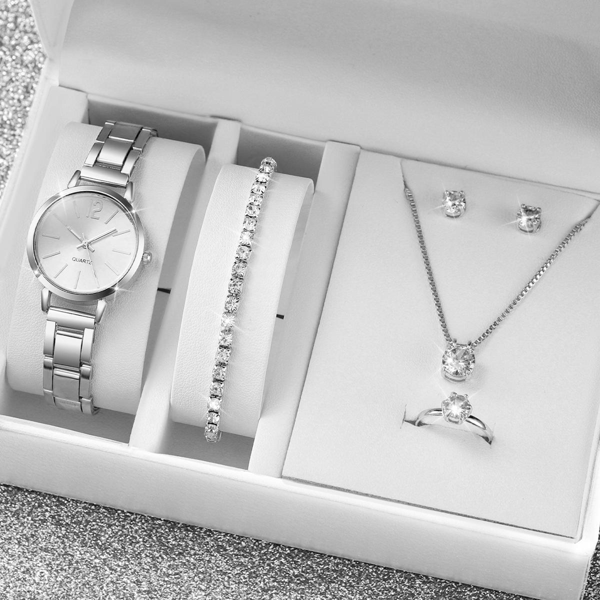 6PCS/Set Fashion Women s Quartz Watch Stainless Steel Band Wrist Watches Diamond Jewelry Set(Without Box) срібний
6PCS/Set Fashion Women s Quartz Watch Stainless Steel Band Wrist Watches Diamond Jewelry Set(Without Box) срібний