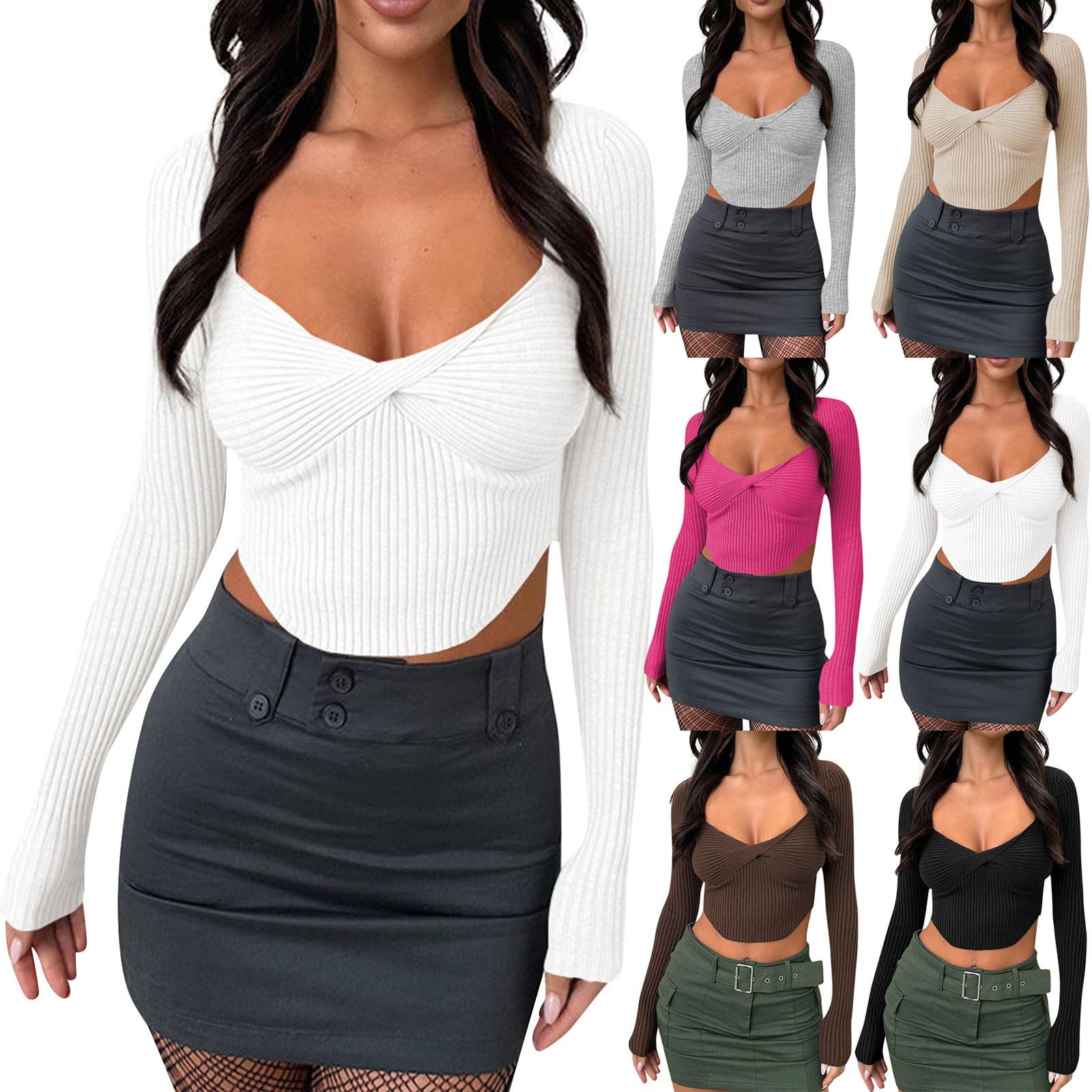 Women s T-shirt Knit Threaded Tight Short Top Sexy V-Neck Long Sleeve Shirt
Women s T-shirt Knit Threaded Tight Short Top Sexy V-Neck Long Sleeve Shirt