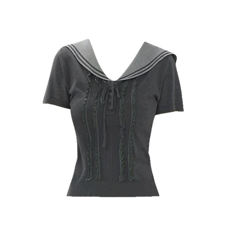 Korean Navy Collar Lace Knit Slimming T-Shirt for Women – Summer Short Sleeve Top S
Korean Navy Collar Lace Knit Slimming T-Shirt for Women – Summer Short Sleeve Top S