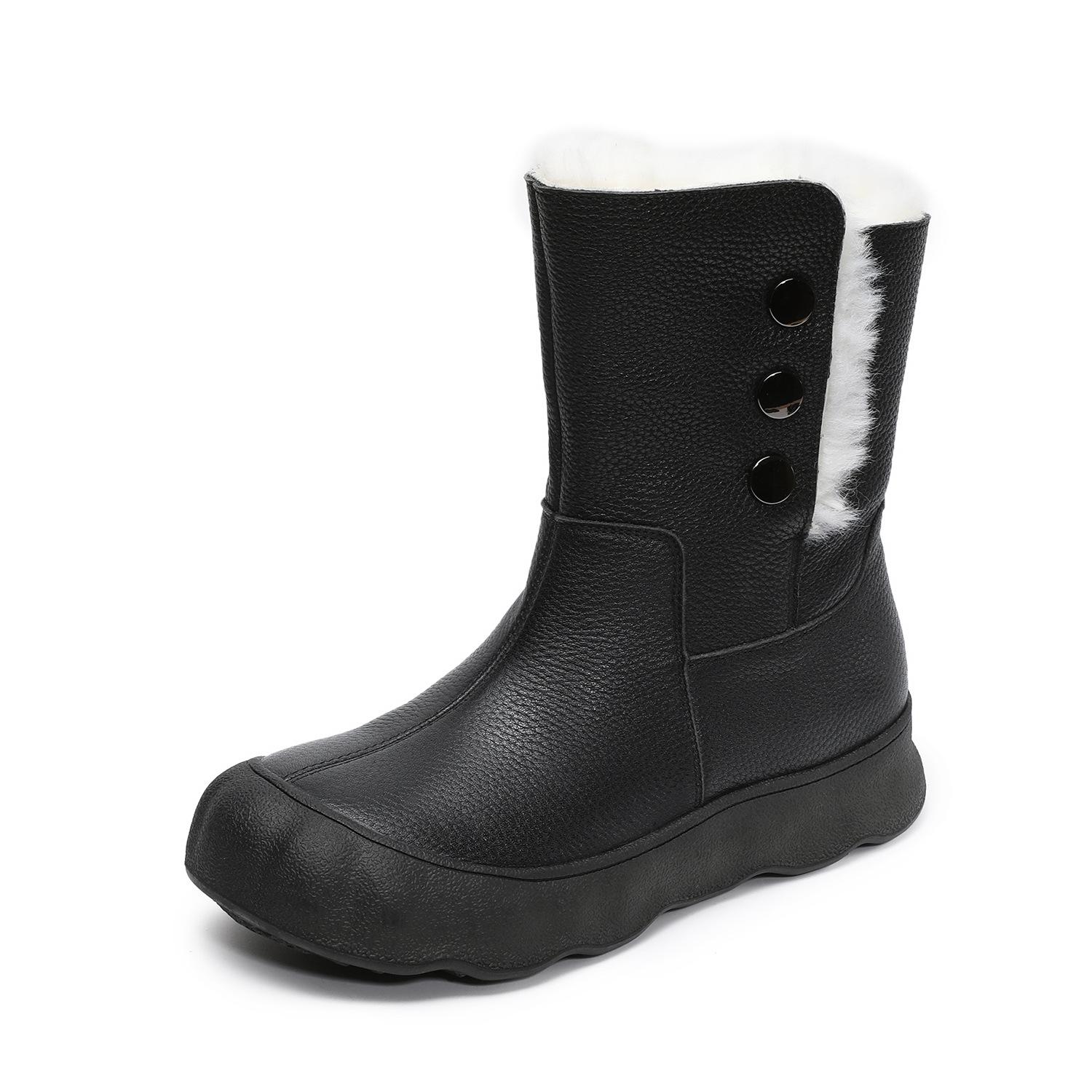 Johnature Женские ботинки из натуральной кожи, зимние, плюшевые, теплые, универсальные, на мягкой подошве, средней высоты 39 чёрный