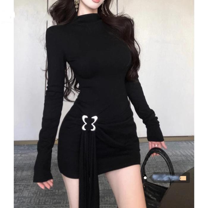 Элегантное черное облегающее платье - Женское сексуальное платье с длинным рукавом, полувысоким воротом, облегающее талию, мини-юбка для осени/зимы Large чёрный