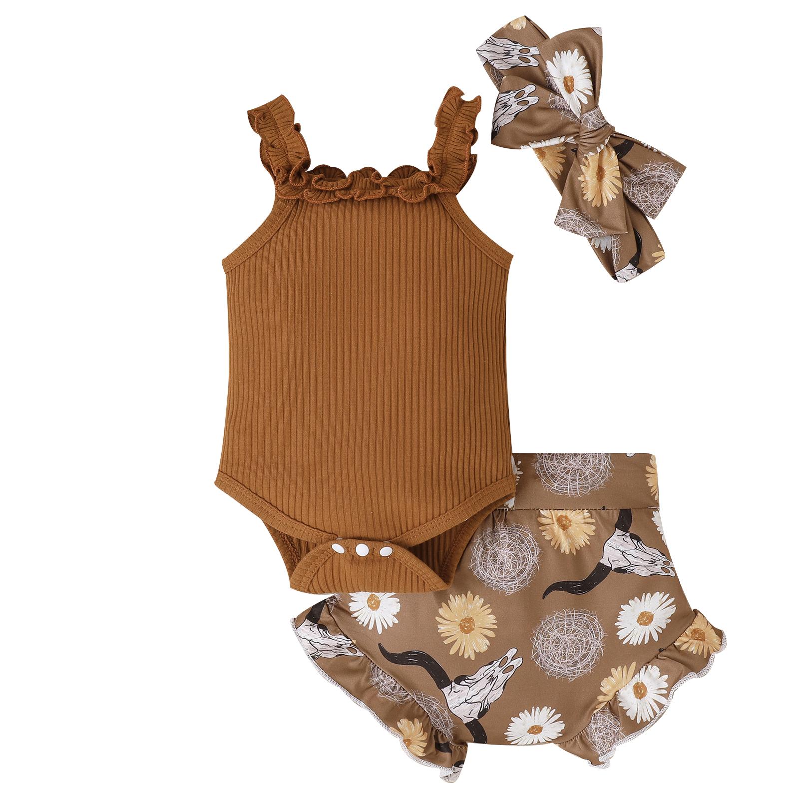 Костюм для девочек-брюк, повседневный комбинезон с открытыми плечами + шорты с принтом быка + повязка на голову 6-12 Months