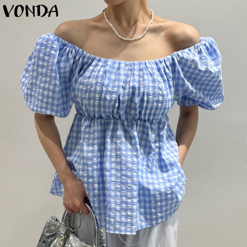 Летние женские топы VONDA в клетку с пышными рукавами и открытыми плечами 
Летние женские топы VONDA в клетку с пышными рукавами и открытыми плечами