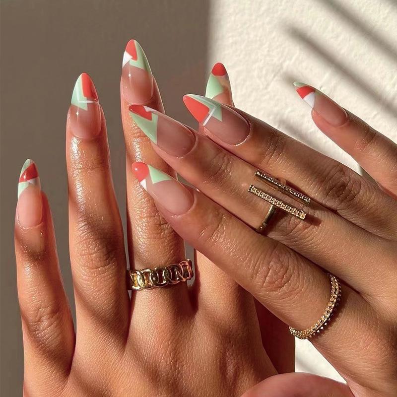 Wear armor Advanced orange-red-green color matching geometric pattern nail piece Finished nail piece
Wear armor Advanced orange-red-green color matching geometric pattern nail piece Finished nail piece