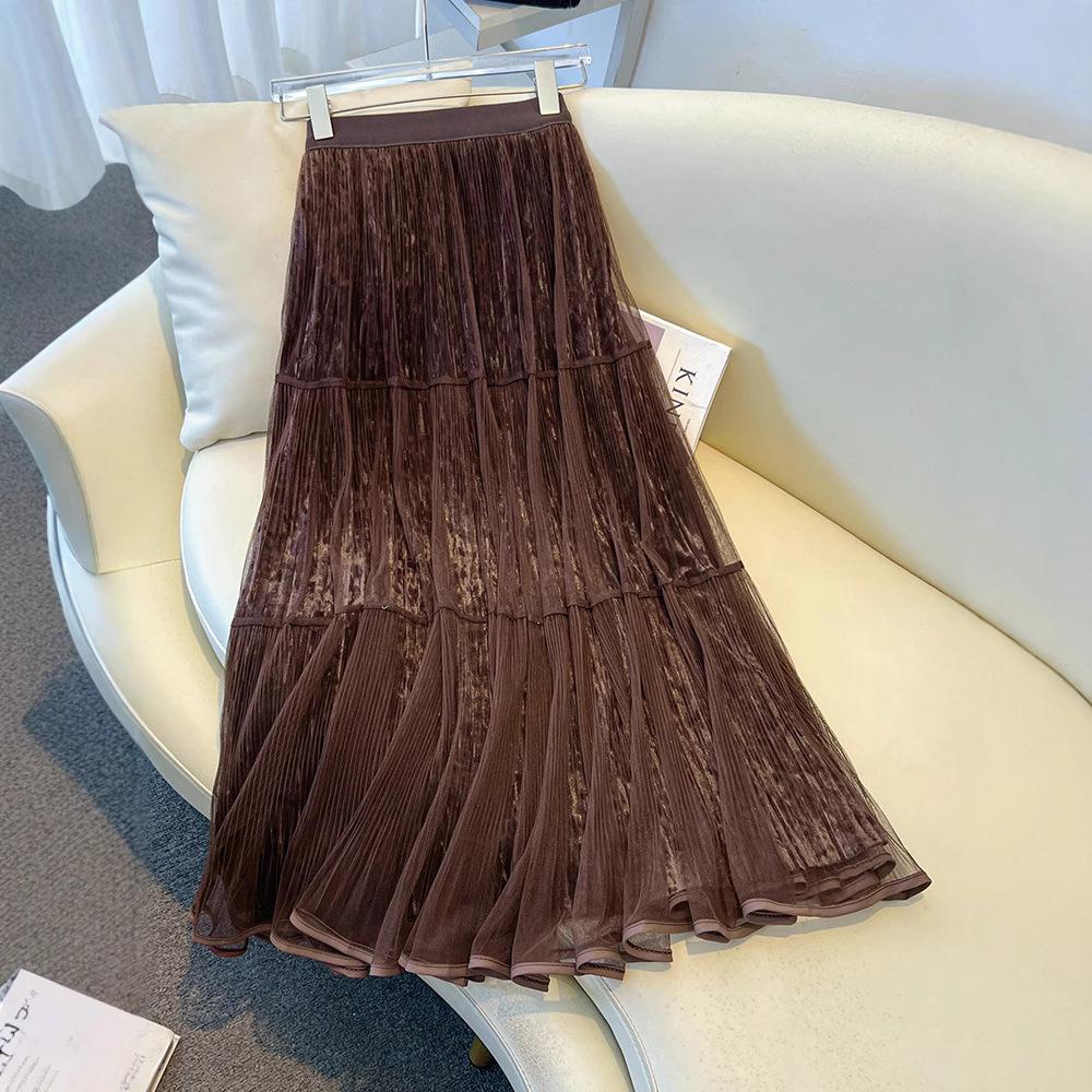 Velvet and Sheer Two Layer Long Skirt with Solid Color Pleated A-Line Skirts for Fall one size
Velvet and Sheer Two Layer Long Skirt with Solid Color Pleated A-Line Skirts for Fall one size