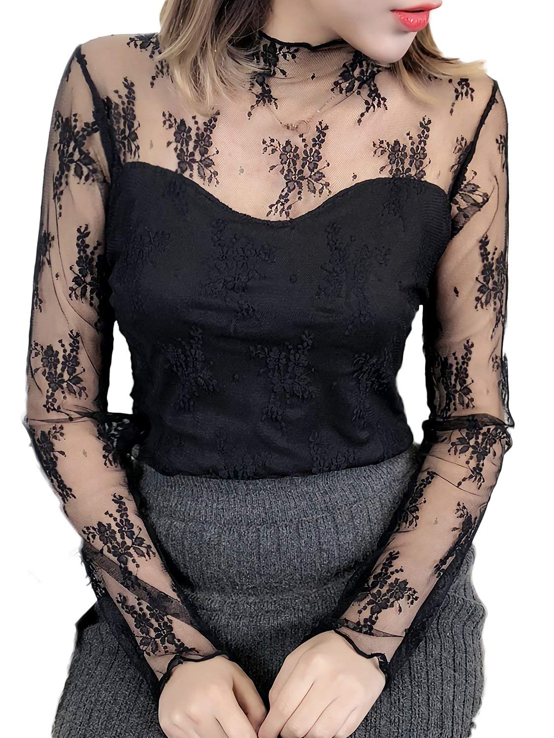 Azulte Кружевное Длинное Цветочное Высокое Все Размеры Черное Женское Белье, Рукав, Принт, Элегантный, Многослойность, Прозрачный, Прозрачный, Черный, Тюль, Вырез, Кружево, 70, чёрный