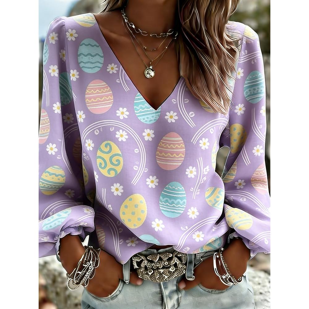Easter egg printed lantern-style V-neck shirt, fashionable and versatile for vacations, perfect gift for festivals, essential outfit for daily outings S
Easter egg printed lantern-style V-neck shirt, fashionable and versatile for vacations, perfect gift for festivals, essential outfit for daily outings S