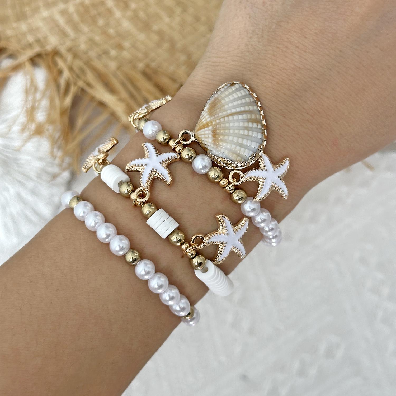 Luxury Imitation Pearl Heishi Beads Bracelet Set for Women Delicate Starfish Shell Layered Handmade Chain Beach Jewelry Gift
Luxury Imitation Pearl Heishi Beads Bracelet Set for Women Delicate Starfish Shell Layered Handmade Chain Beach Jewelry Gift