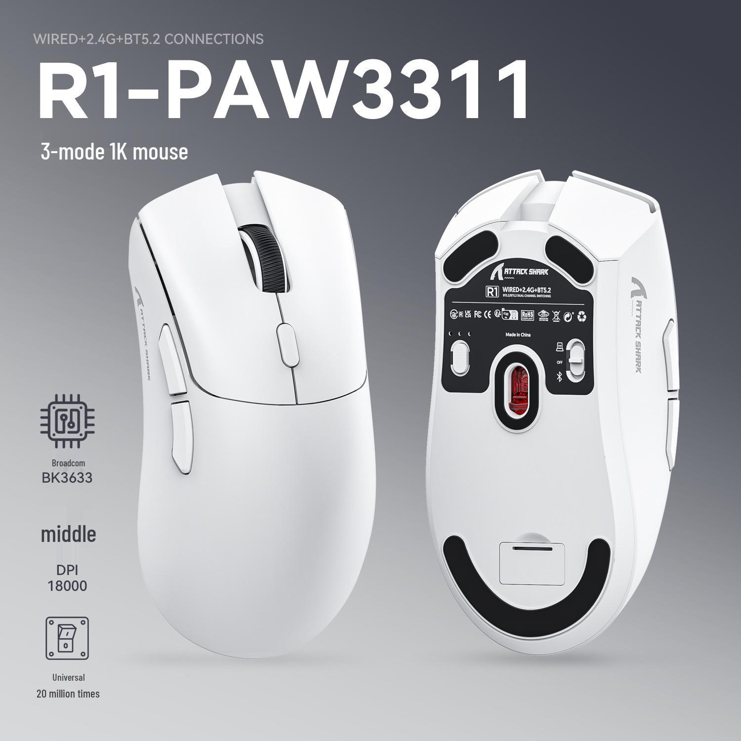 Cross-border Attack Shark R1 Tri-Mode (Wired/Wireless/Bluetooth) Lightweight Gaming/Office Mouse
Cross-border Attack Shark R1 Tri-Mode (Wired/Wireless/Bluetooth) Lightweight Gaming/Office Mouse