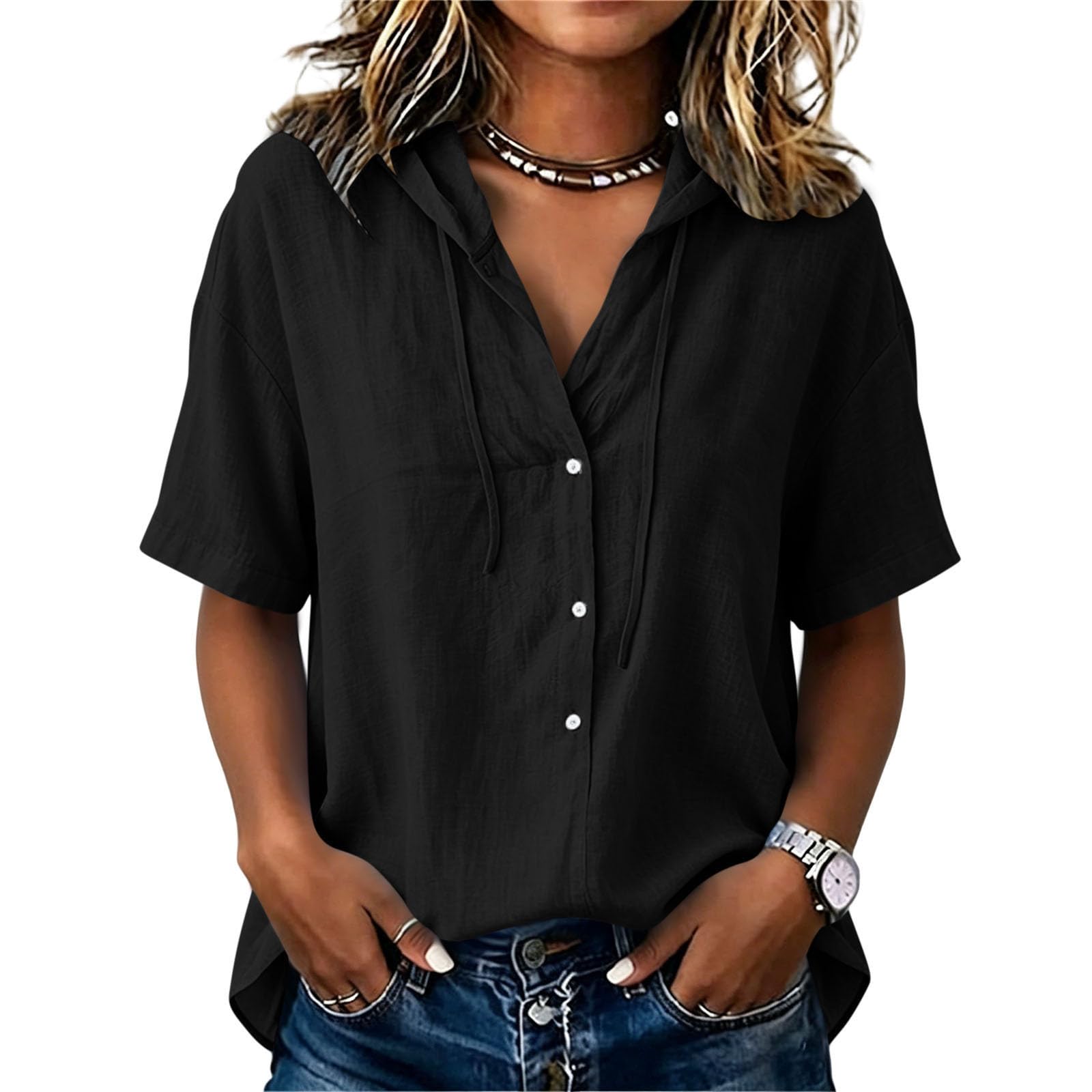 Women’s Short Sleeve V Neck Button Shirt with Drawstring Hood Cotton Linen Casual Loose Fit Summer Blouse Top L
Women’s Short Sleeve V Neck Button Shirt with Drawstring Hood Cotton Linen Casual Loose Fit Summer Blouse Top L