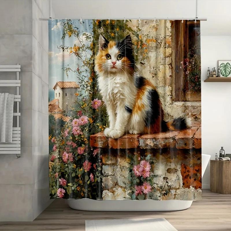 Cute Calico Cat Shower Curtain - White & Black Fur, Floral & Brick Design, 71X71 Inch Polyester, Hand Wash, Summer Home Decor W60H190(CM)-1 Pcs
Cute Calico Cat Shower Curtain - White & Black Fur, Floral & Brick Design, 71X71 Inch Polyester, Hand Wash, Summer Home Decor W60H190(CM)-1 Pcs