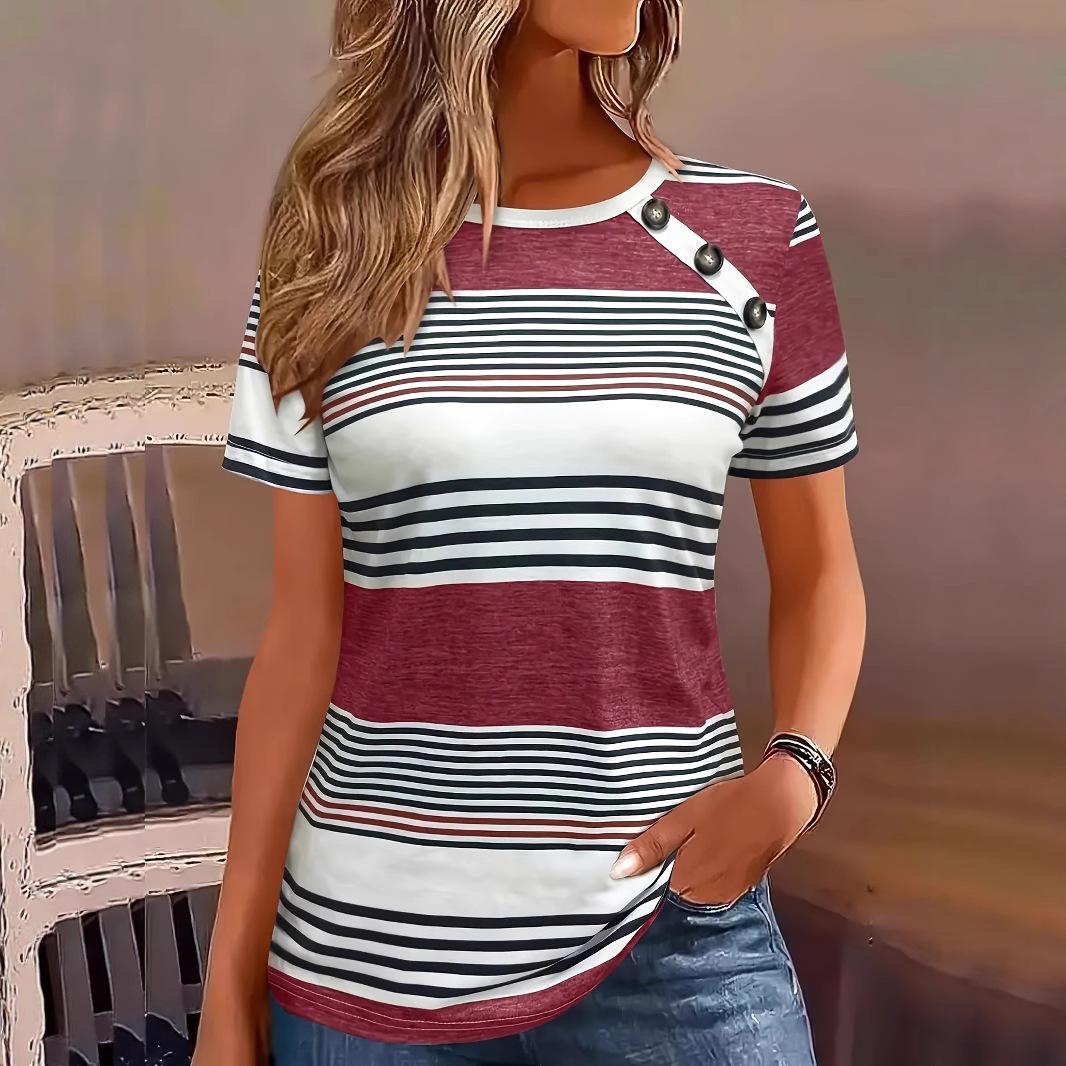 Полосатые лоскутные контрастные пуговицы Футболки женские с коротким рукавом XL красный
Полосатые лоскутные контрастные пуговицы Футболки женские с коротким рукавом XL красный