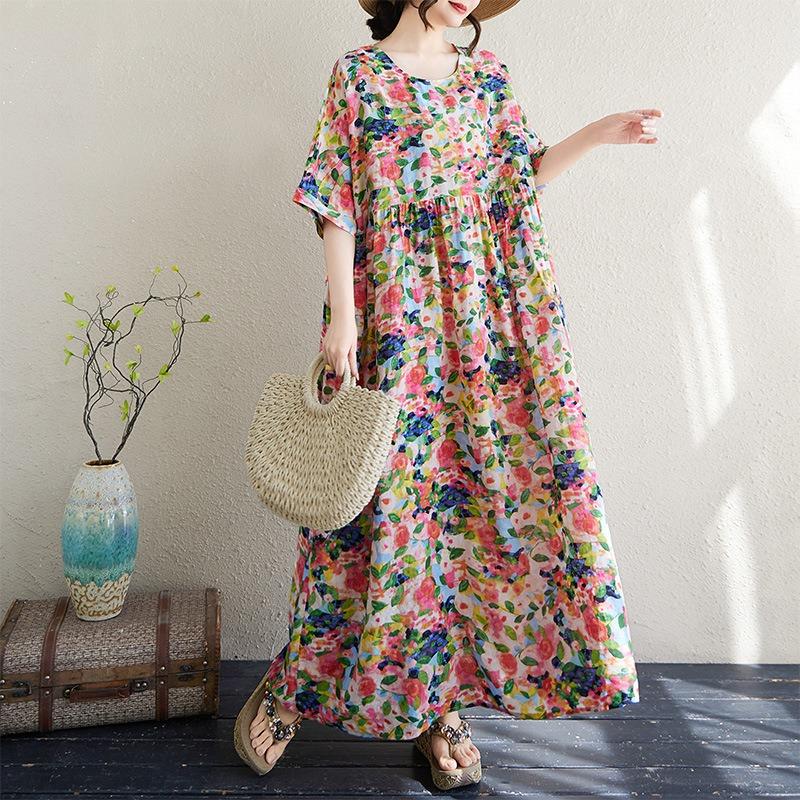 Real summer new thin cotton and linen round neck short sleeve simple flower bohemian medium and long dress women Large size average size
Real summer new thin cotton and linen round neck short sleeve simple flower bohemian medium and long dress women Large size average size