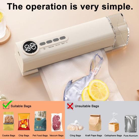 Cordless Mini Vacuum Sealer Digital Display Strong Suction Easy to Use Multi-purpose Heat Sealer Rechargeable Food Bag Sealer білий
Cordless Mini Vacuum Sealer Digital Display Strong Suction Easy to Use Multi-purpose Heat Sealer Rechargeable Food Bag Sealer білий