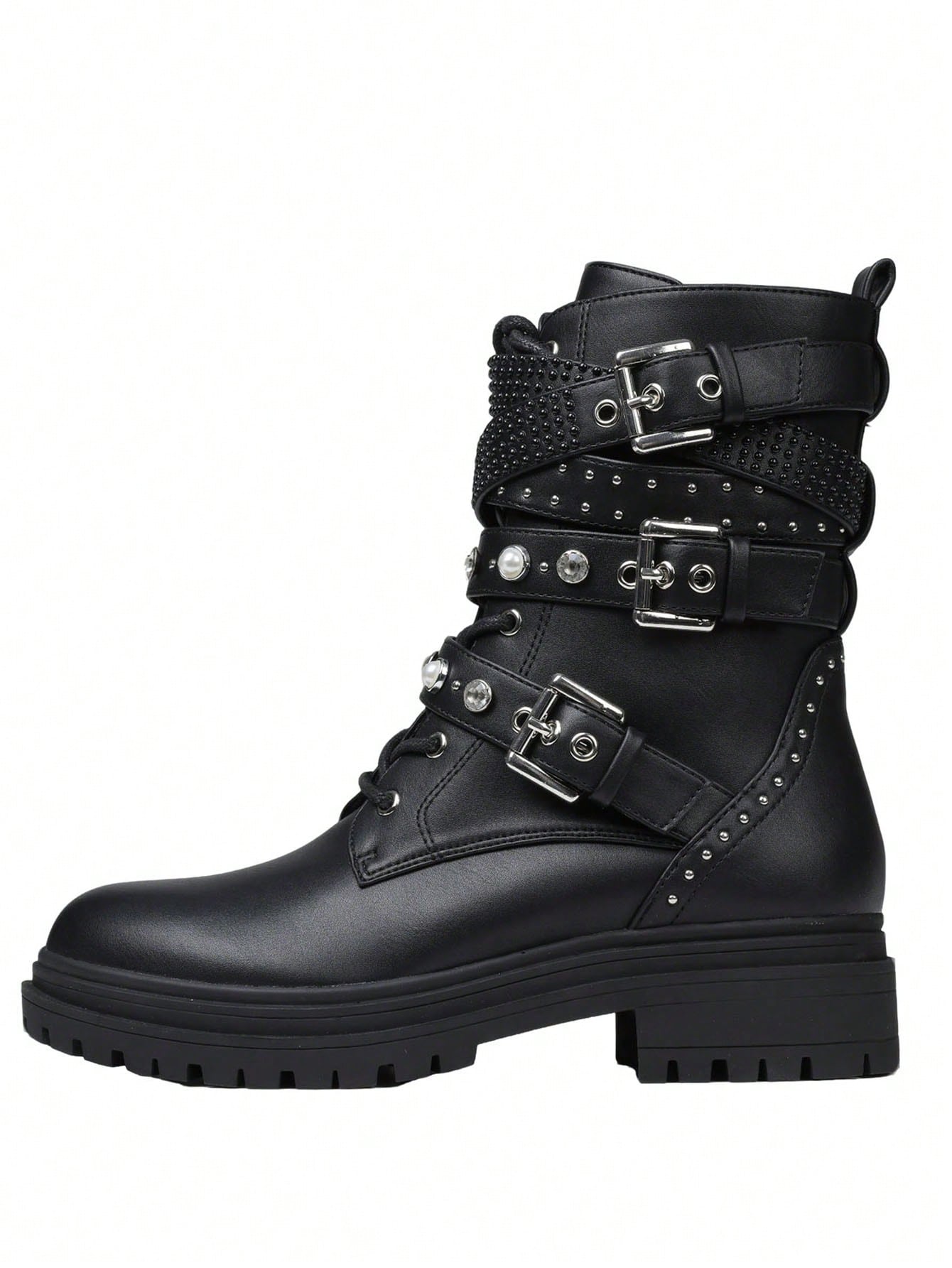 Women Punk Combat Boots Fall Ankle Buckle Strap Studded Pearl Rhinestones Side Zipper Platform Lace Up Autumn Shoes 42
Women Punk Combat Boots Fall Ankle Buckle Strap Studded Pearl Rhinestones Side Zipper Platform Lace Up Autumn Shoes 42