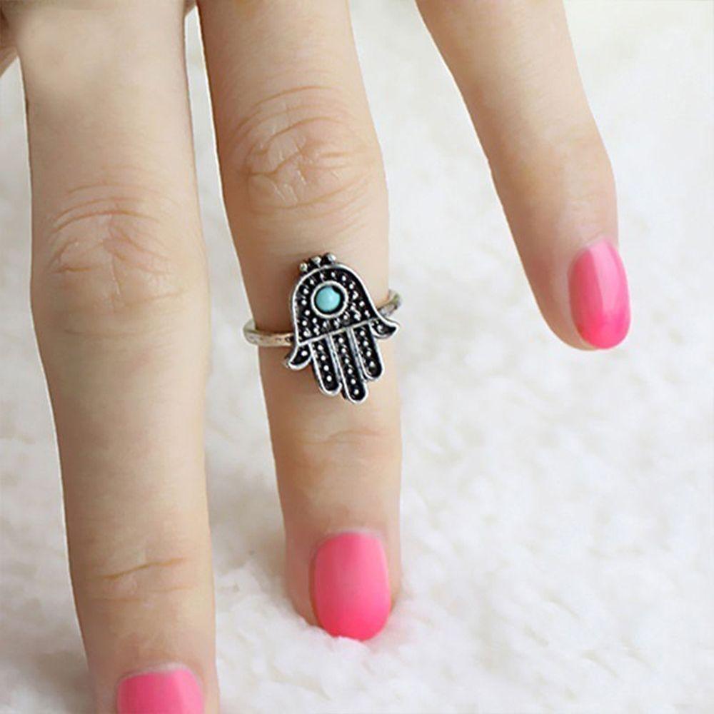 Элегантная Рука Фатимы Серебряная Ретро Защита Пальцев Кольцо Хамса Синий Глаз Ювелирные Изделия Этнические 1.7cm