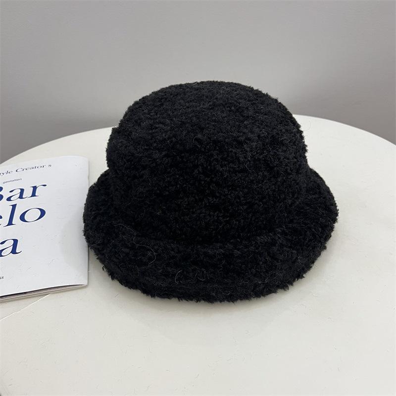 Плюшевая утолщенная шляпа-панама с короткими полями, женская зимняя милая, маленькая, свежая, теплая, с помпонами, шляпа-ведро M(56-58cm) чёрный