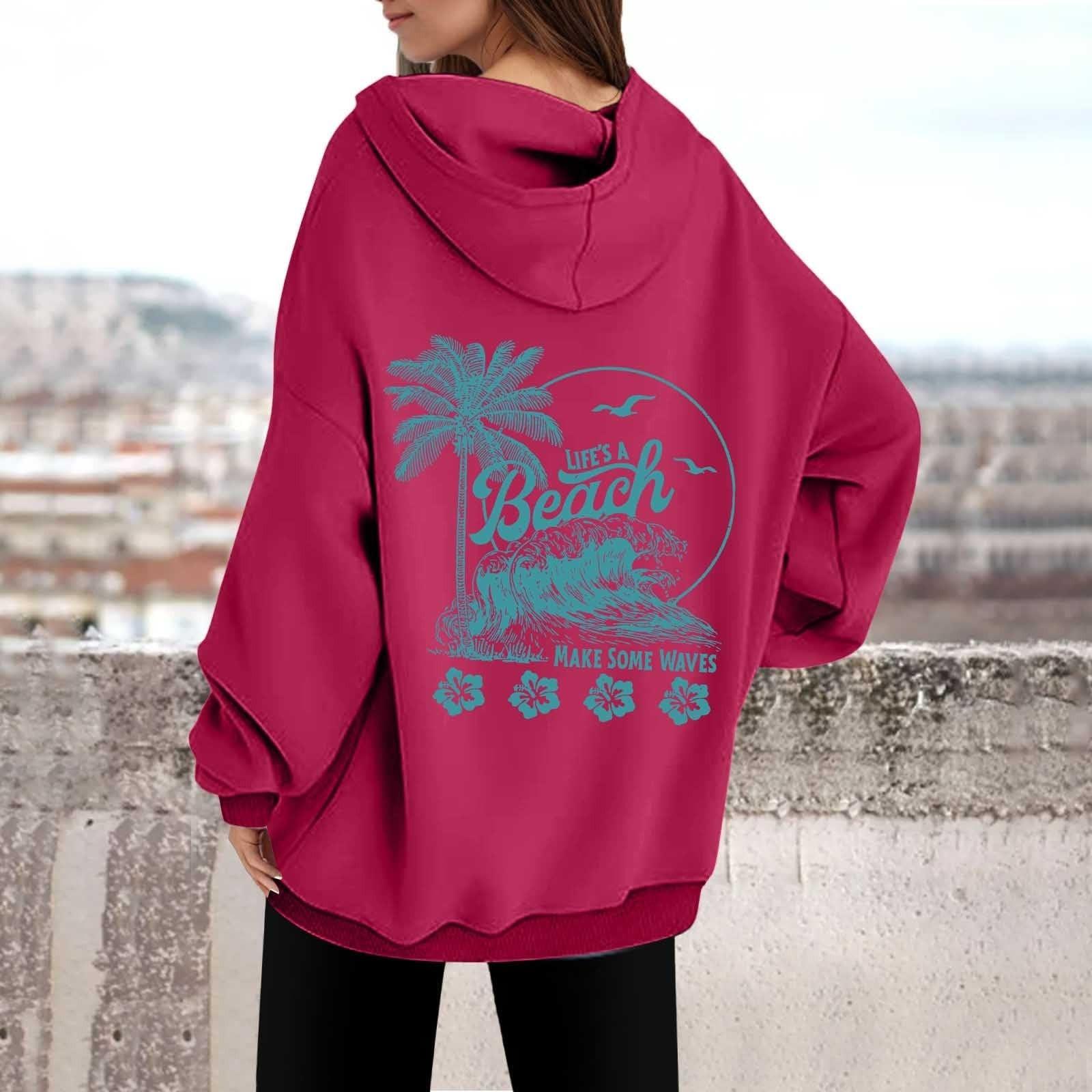 Женская толстовка с капюшоном и круглым вырезом с длинным рукавом и принтом от A BEACH MAKE SOME WAVES XL винный
Женская толстовка с капюшоном и круглым вырезом с длинным рукавом и принтом от A BEACH MAKE SOME WAVES XL винный