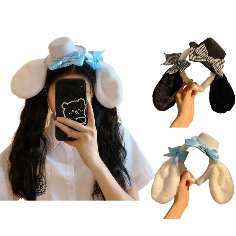 Топ шляпа и декор с бантом, обруч для волос в форме ушек щенка, милый плюшевый головной убор для девочек, карнавальная вечеринка, повязка на голову для косплея, фотографии белый