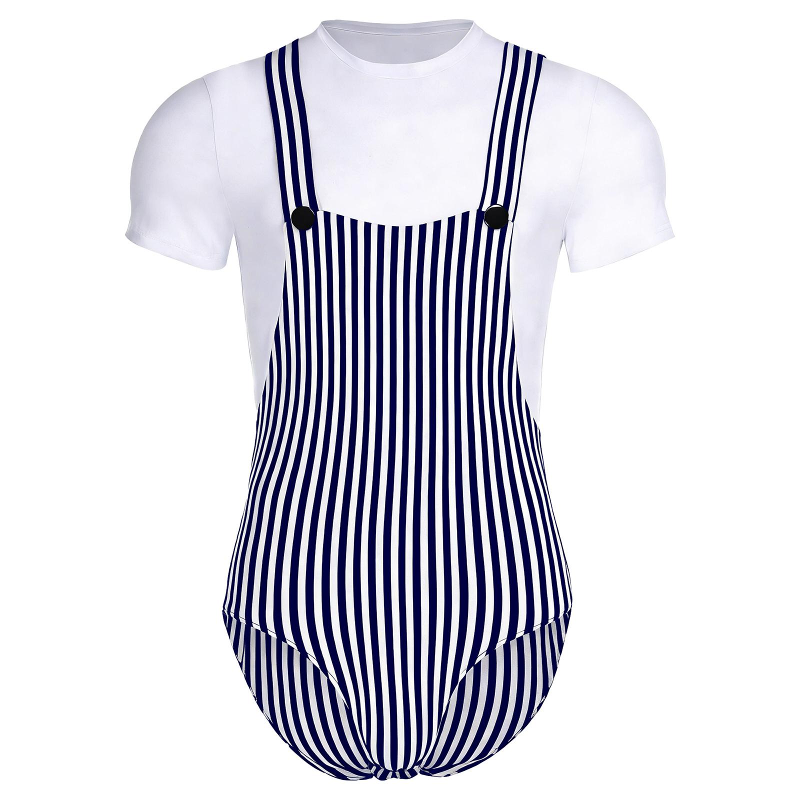 Mens Striped Bodysuit Jumpsuit Nightwear Short Sleeve Button Crotch Overalls Style Fake 2-piece Loungewear L
Mens Striped Bodysuit Jumpsuit Nightwear Short Sleeve Button Crotch Overalls Style Fake 2-piece Loungewear L