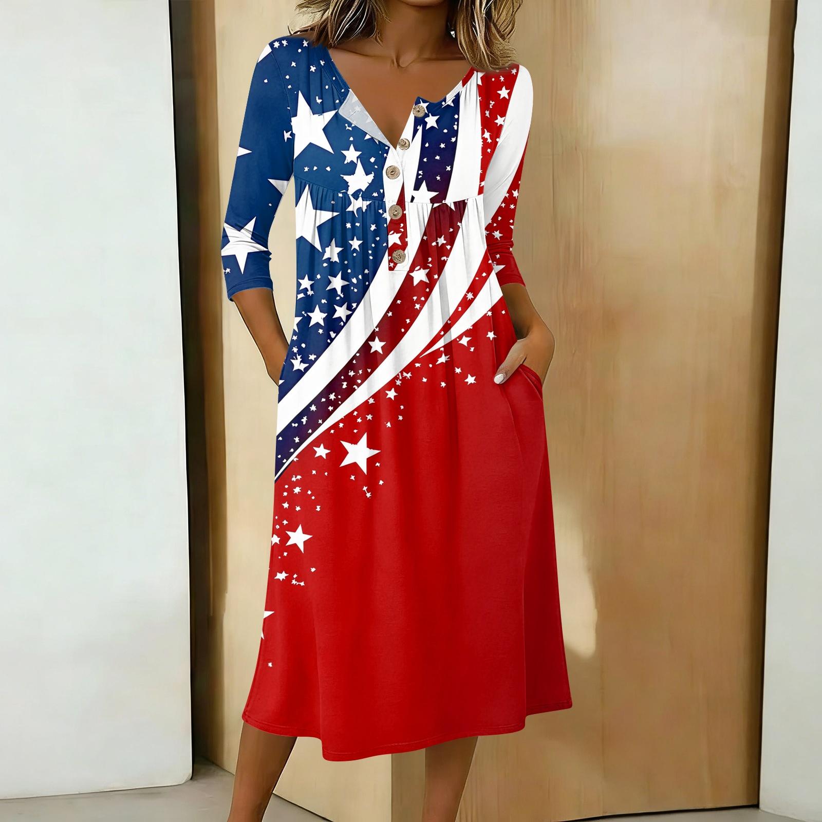 Women Casual 3/4 Sleeve Button Neck Mid Length Dress Floral Print American Flag Pattern Loose Fit Dress with Pockets S красный
Women Casual 3/4 Sleeve Button Neck Mid Length Dress Floral Print American Flag Pattern Loose Fit Dress with Pockets S красный