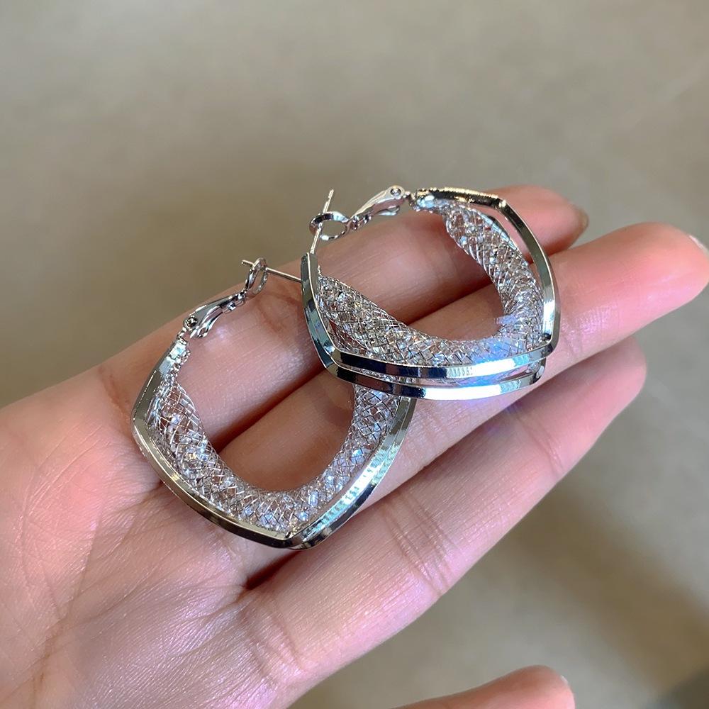 European and American versatile metal mesh broken diamond earrings, personality exaggerated temperament stud earrings срібний
European and American versatile metal mesh broken diamond earrings, personality exaggerated temperament stud earrings срібний