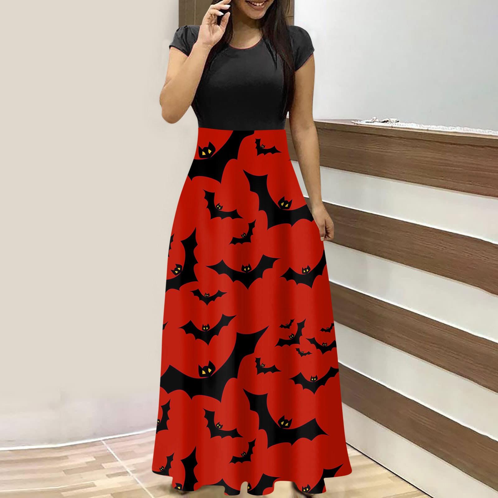 Женское модное платье макси с круглым вырезом и коротким рукавом с принтом на Хэллоуин XL красный