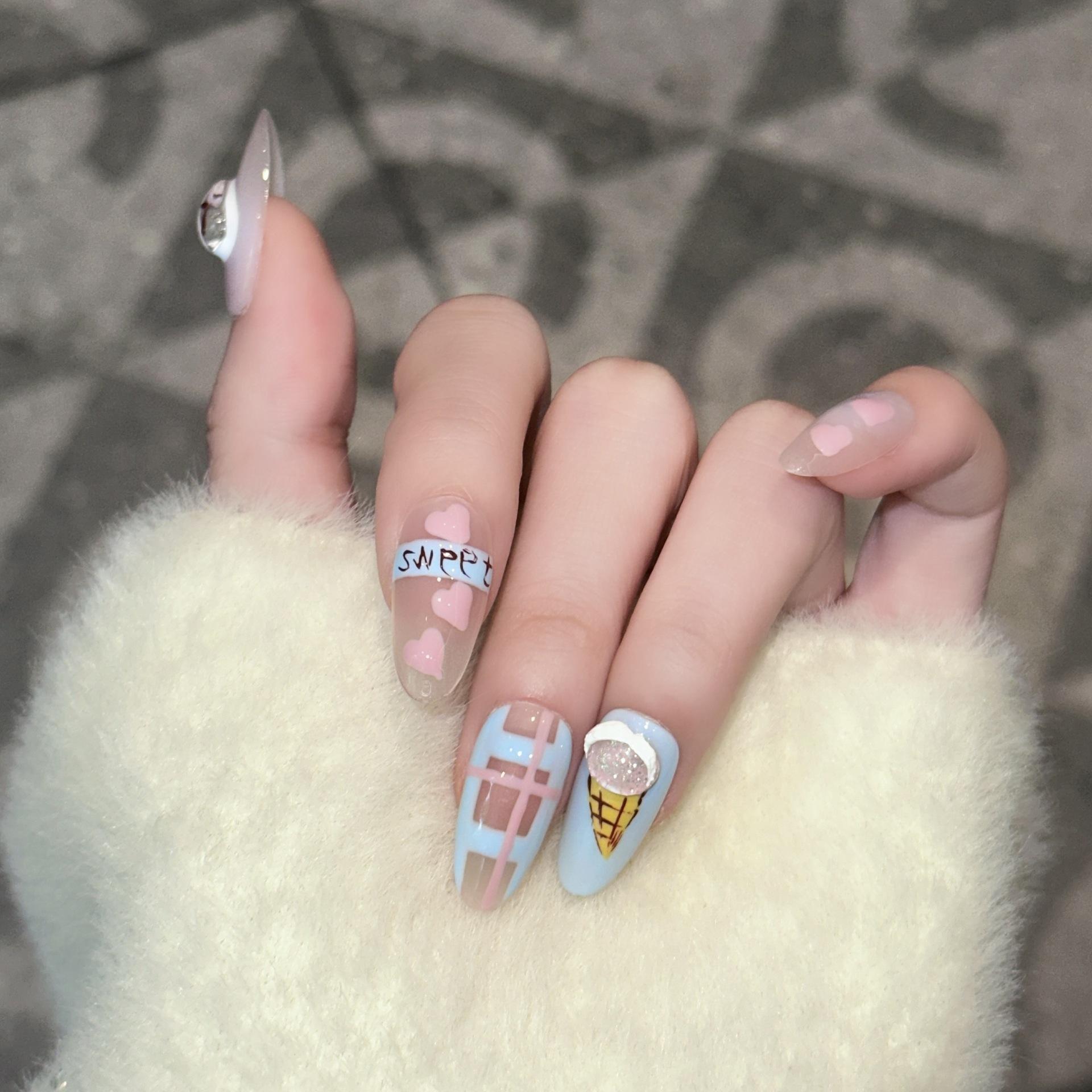 Wearing Armor Handmade Cute Style Hand-painted Letters Three-dimensional Love Ice Cream Short Almond Fresh Manicure Finished Product Large L
Wearing Armor Handmade Cute Style Hand-painted Letters Three-dimensional Love Ice Cream Short Almond Fresh Manicure Finished Product Large L