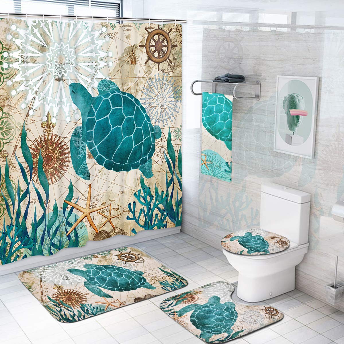 Sea Turtle Shower Curtain Set Non-Slip Rugs Toilet Lid Cover Bath Mat Nautical Ocean Bathroom Curtains Set Durable Waterproof W60H190(CM)-1 Pcs
Sea Turtle Shower Curtain Set Non-Slip Rugs Toilet Lid Cover Bath Mat Nautical Ocean Bathroom Curtains Set Durable Waterproof W60H190(CM)-1 Pcs