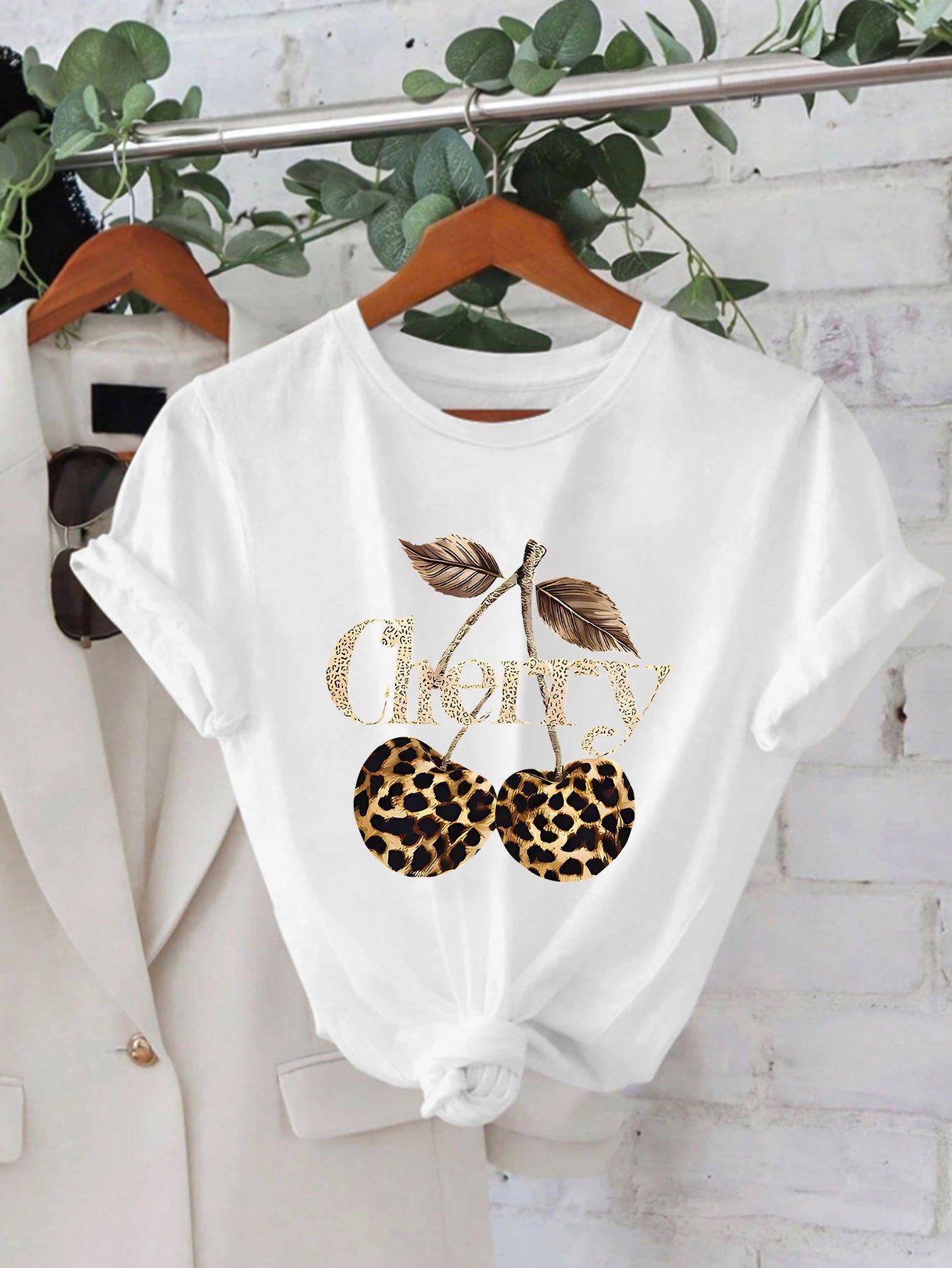 Lettering Round Ribbed Double Shoulder Seams Stretch Everyday Womens Casual Harajuku Sleeve Cherry Leopard Graphic with Golden S
Lettering Round Ribbed Double Shoulder Seams Stretch Everyday Womens Casual Harajuku Sleeve Cherry Leopard Graphic with Golden S