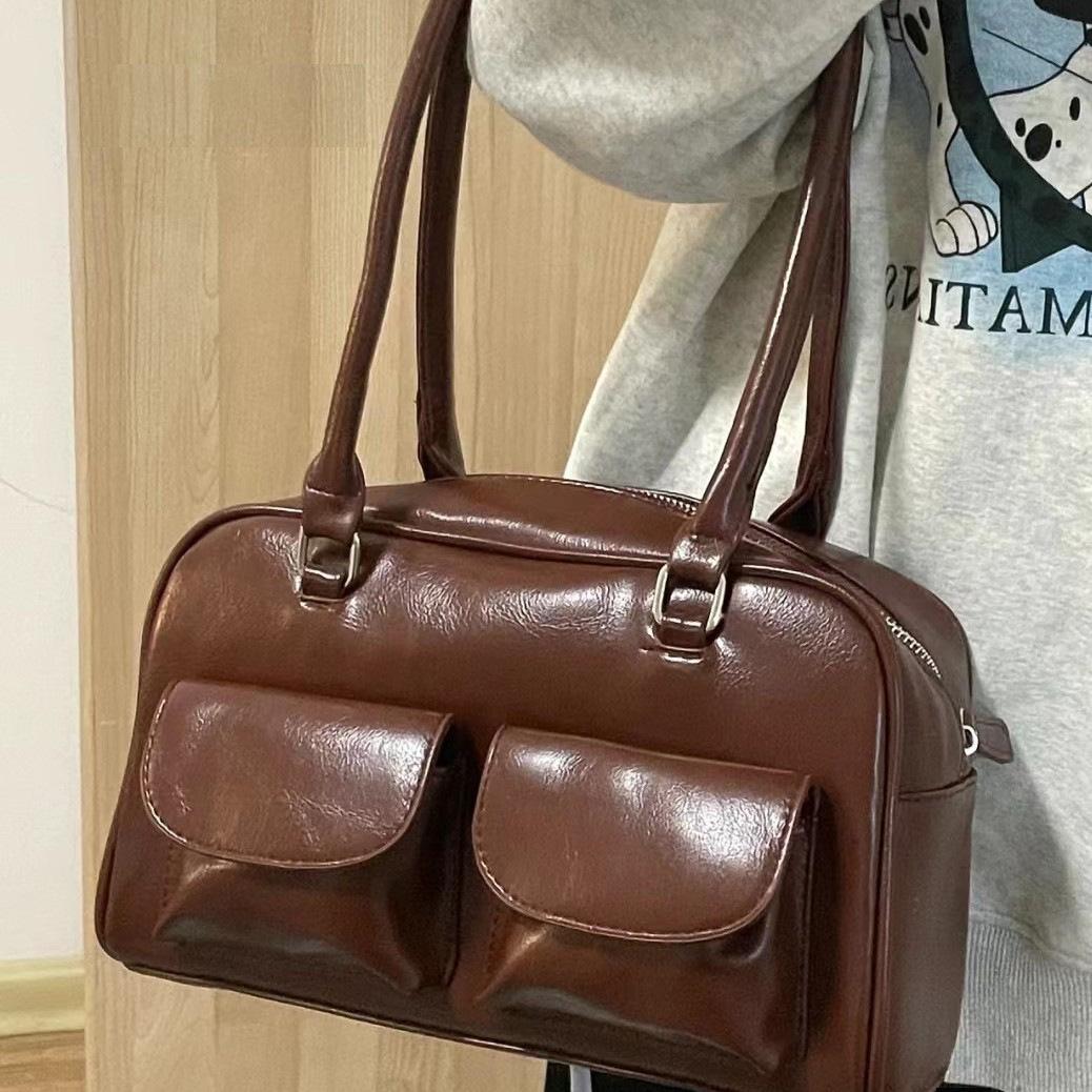 Нишевая сумка подмышку женская 2025 новая ретро колледж стиль большая вместимость плечевая сумка модная сумка-тоут коричневый