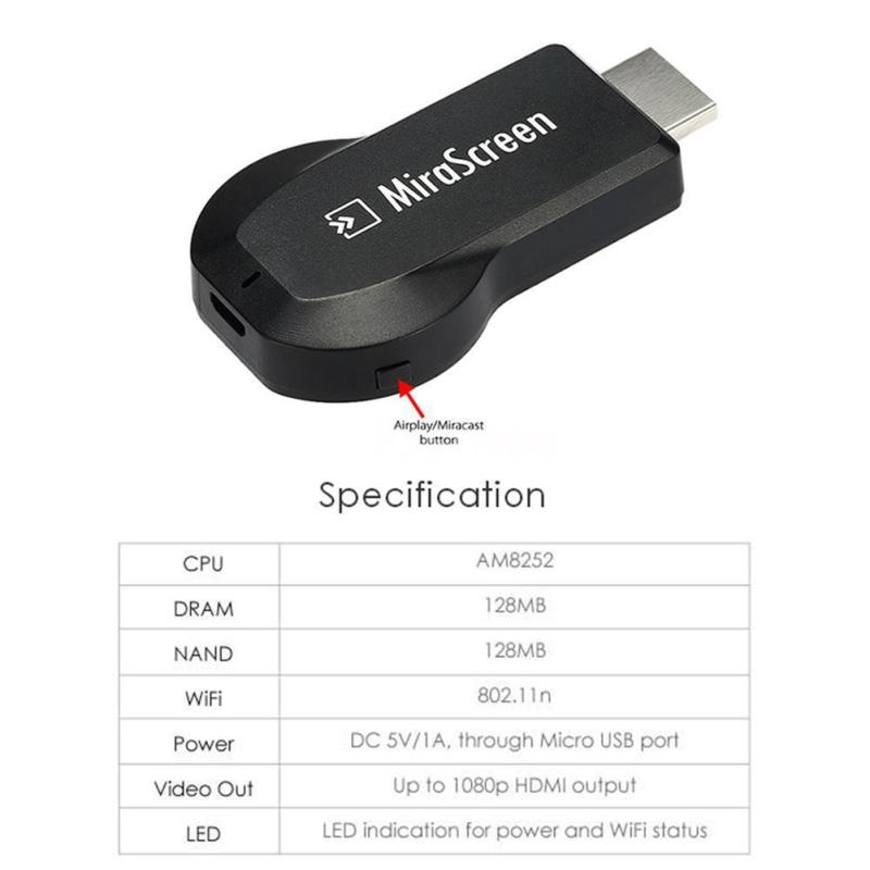 1080P MiraScreen WiFi Display Receiver 2.4G HDMI-сумісний DLNA Airplay Miracast AV TV Dongle чорний
1080P MiraScreen WiFi Display Receiver 2.4G HDMI-сумісний DLNA Airplay Miracast AV TV Dongle чорний
