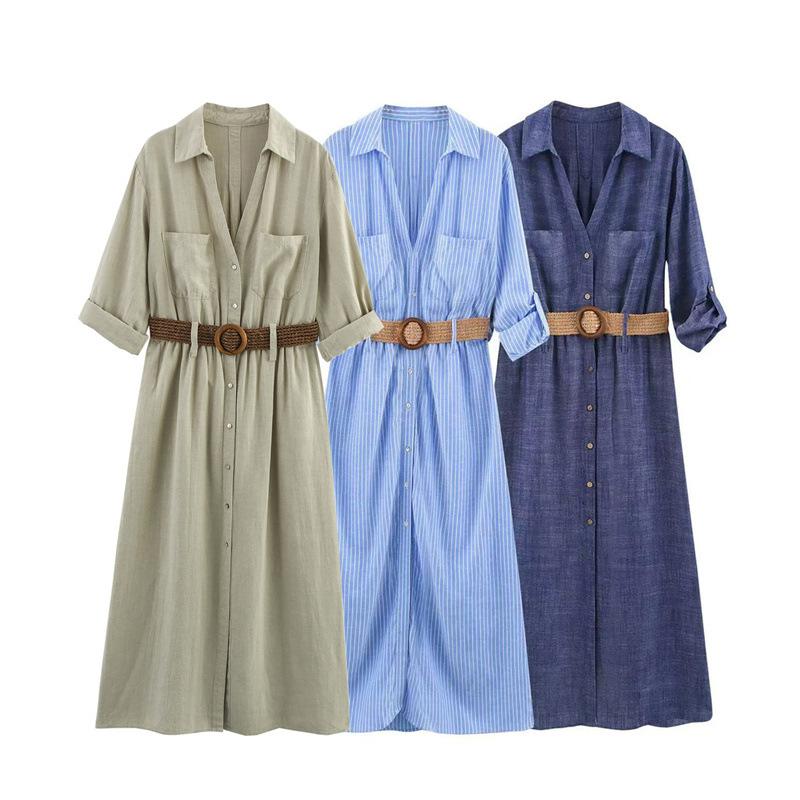 Women s Summer Stripe Simple Temperament Linen Shirt Dress Long Waist Belt Mid-length Dress XXS
Women s Summer Stripe Simple Temperament Linen Shirt Dress Long Waist Belt Mid-length Dress XXS