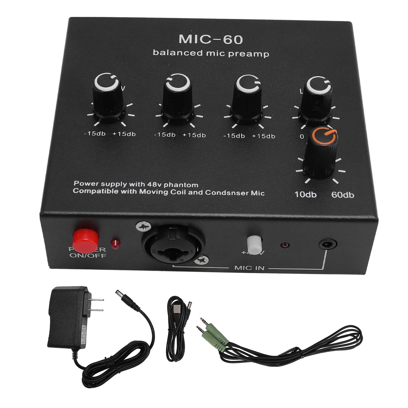 Mic Preamplifier 60db High Gain 48V Power 3.5mm 6.35mm XLR Input Output for Dynamic Condenser Mic EU Plug
Mic Preamplifier 60db High Gain 48V Power 3.5mm 6.35mm XLR Input Output for Dynamic Condenser Mic EU Plug