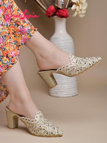 Shoetopia Women S Golden Embroidered Block Heel Mules Ethnic Slip-On Sandals With Glitter Finish And Cutwork Detailing 3 UK
Shoetopia Women S Golden Embroidered Block Heel Mules Ethnic Slip-On Sandals With Glitter Finish And Cutwork Detailing 3 UK