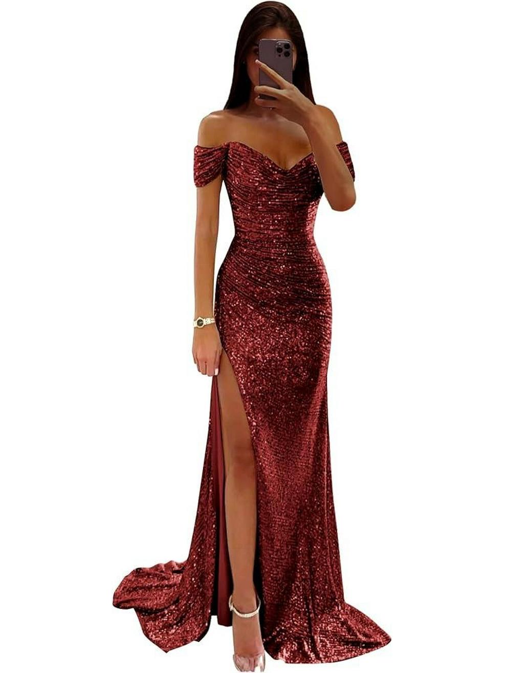 2024 Платье с пайетками на одно плечо с разрезом для вечеринки для женщин - Европейский и американский стиль INS XXL вино красного